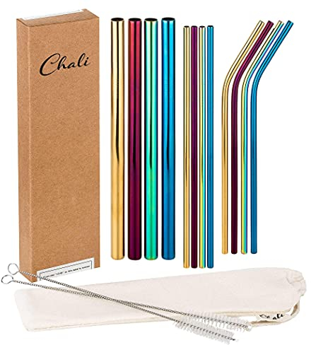 Chali® 12x Pailles Inox Réutilisables avec 2x Goupillon - 21,5cm longue, Colorées (8x ø6mm, 4x ø12mm), Lavable en Machine, Pailles en Acier