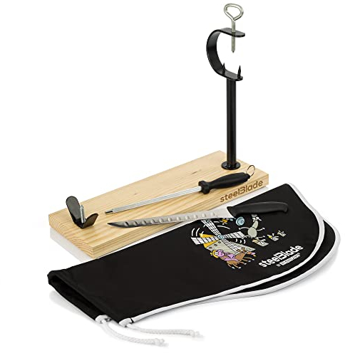 Steelblade Cubre Kukuxumusu + Cuchillo y Chaira-Madera Lacada-Soporte Fabricado en España-Jamonera Ideal para Jamones y Paletas, Espigón Quijote (011129)