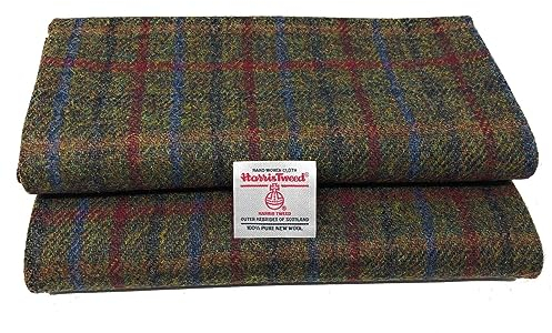 Harris Tweed Grun mit Rotem und Blauer Overcheck Traditioneller Stoff Authentischer aus 100% Reiner Wolle mit Echtheitsetiketten (Rotem und Blauer Overcheck, 100 x 75cm)