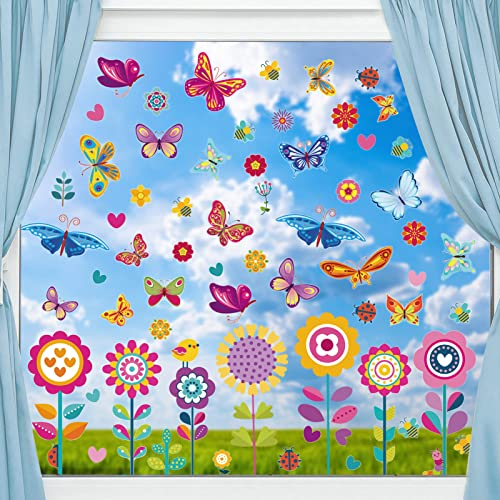 TOPJOWGA Fensterbilder Frühling Selbstklebend, 9 Blatt Fenster Klammert Blumen Schmetterling Fenster, Anti-Kollision Aufkleber Fenstersticker Blumen Fensterdeko, Wandaufkleber für Kinderzimmer Deko