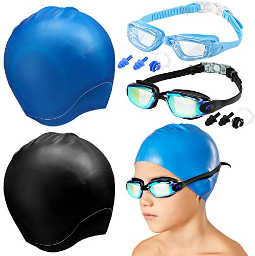 4 Pack Swim Caps for Kids Swimming Cap and Goggles for Boys Girls Silicone Swim Bath Hats with Ear Plugs Nose Clip for Short Long Hair Age 8-15 Youth(Black, Blue)