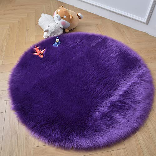 duduta Teppich aus Schaffell, rund, flauschiges Zottelfell, für Schlafzimmer, Kinderzimmer, Spielzimmer, Wohnheim, Dekoration, rutschfest, waschbar, Violett