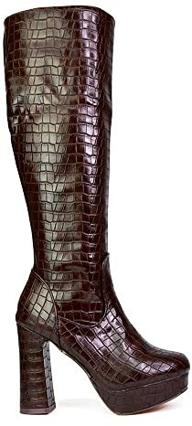 Womens Knee High Boots Ladies Block Heel Platform Brown Croc Embossed Synthetic Winter Shoes Size 5