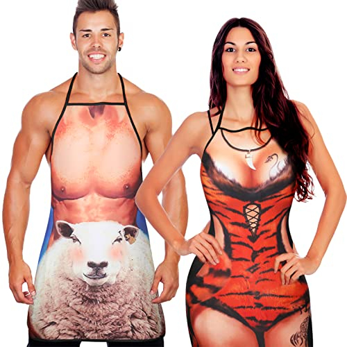 2 Stück Lustige Geschenke Set für Herren Damen Neuheit Grillschürze Muskel Kochschürzen Verstellbar Wasserdicht Küchenschürze für Weihnachten BBQ Party Erwachsene Paare (Tiger, Schaf)