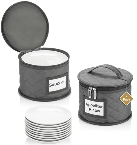 2 Pack 6 Small Plate Storage Case - China Storage Container - Stackable With Padded Interior to Store Dinnerware Dishes - 24 Felt Dividers Included - Gray - Great for Saucers and Small Bowls