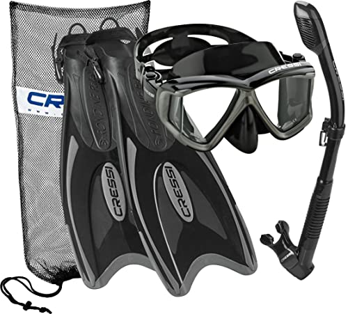 Cressi Italienisches Design Panoramablick Gehärtetes Glas Linse Schnorchel Maske Trocken Schnorchel Palau Lange Schnorchelflosse Maske Fin Schnorchel Set mit Tragetasche für Damen und Herren