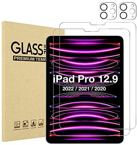 XZC [2+2 pièces Protection D'écran pour iPad Pro 12,9 Pouces, 2022/2021/2020 (6e/5e/4e Génération) avec Protection d'Objectif de Caméra Arrière, Film Verre Trempé HD, Support Pencil & Face ID