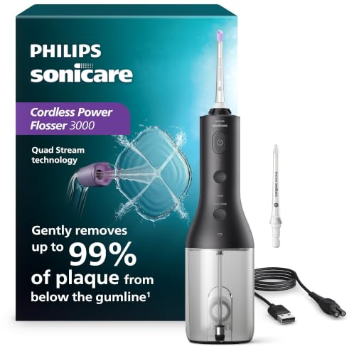 Philips Sonicare Cordless Power Flosser 3000 - Water Flosser with Innovative Quad Stream Technology, Oral Irrigator with 2 Flossing Modes and 3 Pressure Levels, IPX7 Waterproof, Black, HX3826/23