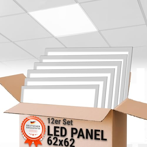 12er Set LED-Panel inkl. Netzteile 62x62 entblendet UGR< 19, 36W, 4.086 Lumen, 4.000K Tageslichtweiß, 5 Jahre Garantie Led Deckenleuchte für Office, Büro, Keller, Werkstatt