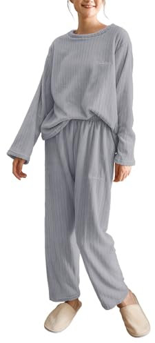 Hveuluop Gieen Pigiama da Donna, con Collo Rotondo, a Righe, in Velluto di Corallo, in Velluto, per Autunno e Inverno, Casual, Confortevole (Gray)