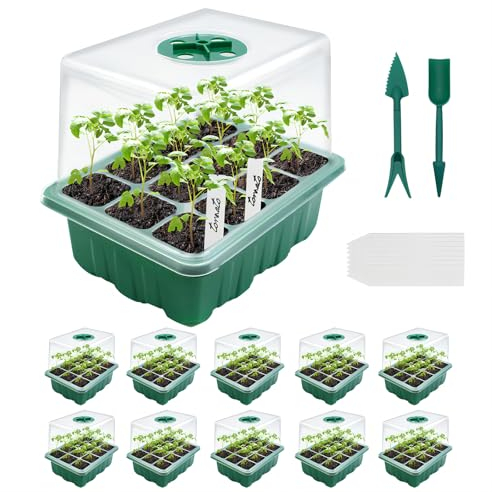 MQUPIN Seed Trays, 10 Pack 120 Cells Seed Propagators with Heightened Lid, Seedling Starter Reusable Growing Trays for Plants with Adjustable Window for Indoor or Outdoor, Green
