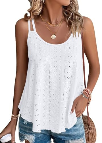 WNEEDU Camisetas sin Mangas de Verano para Mujer Chalecos sin Mangas para Mujer Top sin Mangas Loost Fit Camisas Casuales Chaleco Bordado con Ojales Blusas Cami Camisola Blanco 2XL