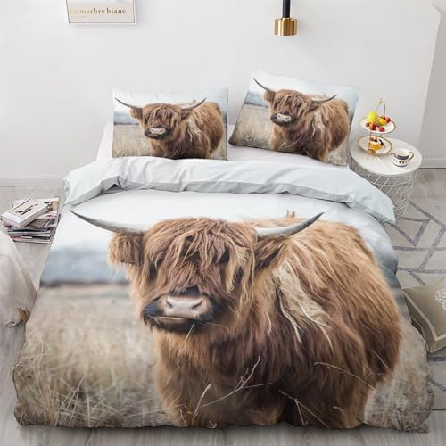 ZDABAOEC Bettwäsche Highland Cow 135x200, Hochlandrind Wendebettwäsche, Weiche Kuschelige Microfaser Bettbezug 2er Set, 1 Kopfkissenbezug 80x80, mit Reißverschluss