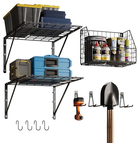 2 Pack Garage Tool Organizer Shelves Wall Mount with Wire basket, Heavy Duty Garage Wall Shelving with 4 Wall Hangers, Wire Shelf Basket Tool Organizer for Garage Garden Yard Organization and Storage