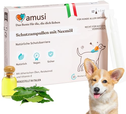 amusi Ampollas Protectoras de Aceite de Neem para Perros - 12 Ampollas de 1 ml - Antiinsectos Antipulgas - contra Garrapatas Pulgas Mosquitos Piojos - pipetas antiparasitarias Perros