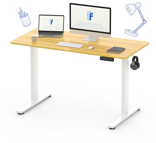 FLEXISPOT Bureau Assis Debout 120x60cm, Plateau Complet, Bureau Réglable en Hauteur Électrique, avec Crochet(Cadre Blanc+Plateau Érable)