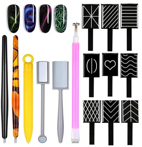 Wbgraceful 15Pcs Cat Eye Magnetic Nail Set - Gradient Design Wand for Cat Eye Nail Art & Magnetic Polish Application