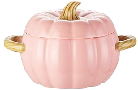 Stock Pot with Lid, 1.9L Ceramic Pumpkin Casserole Dish with Lid, Large Soup Bowl with Dual Handles, Dishwasher & Microwave Safe, Pumpkin Soup Pot for Halloween Christmas Thanksgiving (Pink)