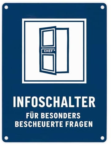 Infoschalter für bescheuerte Fragen Chef - Metallschild in 15x20 cm blauer Hintergrund weißes Quadrat blaues Symbol offene Fragen stilvoll beantworten