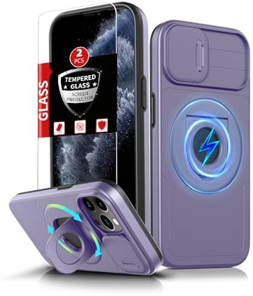 FRLMOOES pour iPhone 11 Pro Max Coque Magnétique Compatible avec MagSafe Chargement Sans Fil,avec 2 Trempé Protection,Béquille Support &Cache Caméra intégré Étui Antichoc Absorbant Choc nouveau Violet