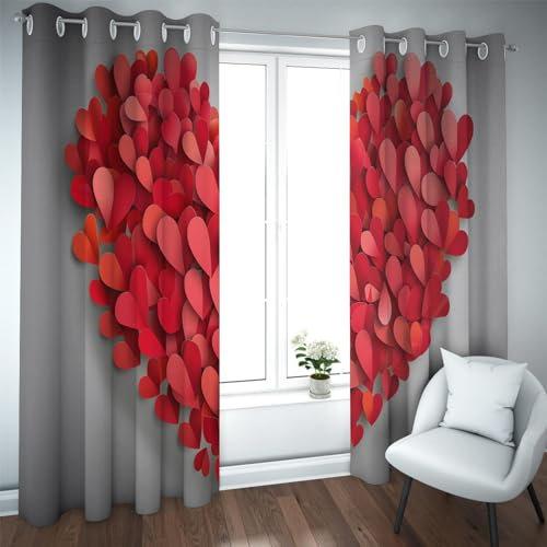 CHERHERART Rotes Herz Fenstervorhänge Dekor Liebe Paar Frischvermählte Sonnenschutz Vorhänge 2PCS Privatsphäre Ösen Fenster Behandlungen für den Valentinstag B140xH229