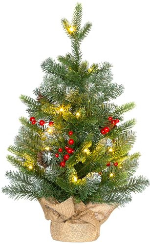 HOMCOM Sapin de Noël Artificiel 60 cm Mini Arbre de Noël de Table Ornements décoration de Noël avec lumière LED, 141 Pointes, Pommes de pin et Baies Rouges, Base en béton, Vert