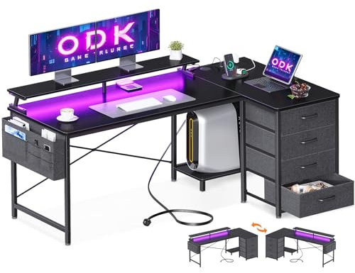 ODK L Shaped Gaming Desk with LED Lights & Power Outlets, 140x80cm Corner Computer Desk with Drawers, Reversible Gaming Table with Monitor Shelf & PC Stand, Black