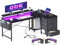 ODK L Shaped Gaming Desk with LED Lights & Power Outlets, 140x80cm Corner Computer Desk with Drawers, Reversible Gaming Table with Monitor Shelf & PC Stand, Black