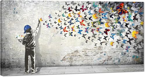 Home Decor Graffiti-Leinwand-Kunstdruck für Wohnzimmer, Junge, Gemälde Schmetterlinge, Bilder, moderne Straßen-Graffiti-Kunstdrucke, gerahmt, 101,6 x 50,8 cm