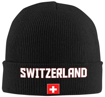 FAGIUCHI Schweiz Flagge Coole Schweizer Winter Strickmütze Beanie Cap Erwachsene Warme Caps Schwarz, Schwarz , 7 1/8-7 1/4