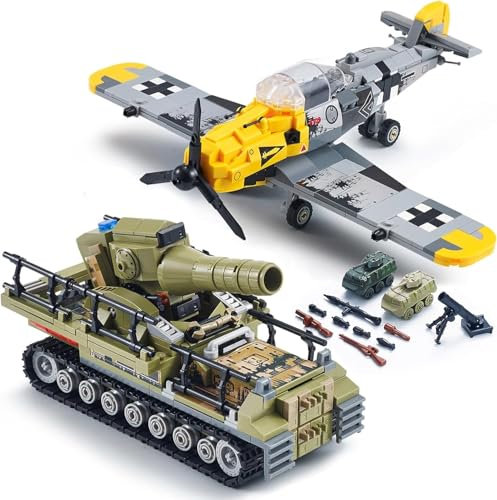 DrmBeyd Technik Militär Spielzeug Bausteine Set, BF109 Kampfflugzeug Klemmbausteine & Karl Selbstfahrender Mörser Panzer Bausteine, Militär Geschenke für Militärbegeisterte, 1015+ Teile