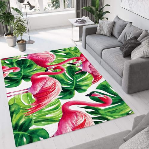 MIATCENRT Teppich Wohnzimmer Schlafzimmer, Flora Flamingo Muster Teppich Aquarell Kunst Kurzflor Teppiche, Waschbar Weich Bodenteppich, rutschfest, Pflegeleicht, Farbecht, 160 x 230cm