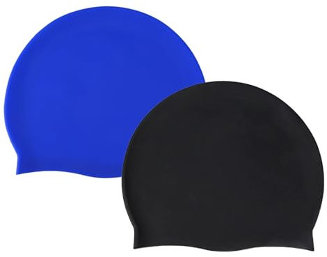 ATSNOSH 2 Piezas Gorro de Natación para Hombres y Mujeres, Silicona Gorro Piscina, Gorro Piscina, Gorros Elásticos de Natación, Cómodo Gorros Ligeros de Baño, Impermeable, Talla Unica (Negro+Azul)