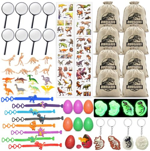 FEMBW® Dino Kindergeburtstag Mitgebsel Set, Party Give Aways Gastgeschenke Jungen mit Lupe Leuchtende Schlüsselanhänger Kordelzugbeutel Dino Eier Skeleton und 3D Dino Stickers, Dino Geburtstag Deko