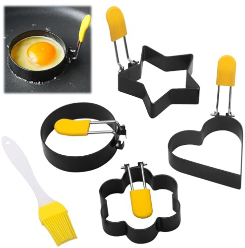 Euablfo 4 Anello per Uova Fritte,Stampo Pancake,Anelli per Uova Per Friggere, per Uova Forme Diverse Stampi per Uova con Spazzola in Silicone per Cucinare Uova Fritte Pancake Frittate