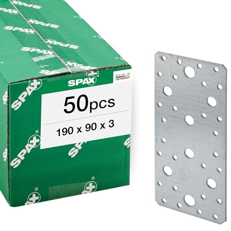 SPAX Flachverbinder Schwer 190x90x3 mm, 50 St., Verzinkter Holzbauverbinder | Lochplatte für Holz-Beton-Verbindungen, Stahlverbinder mit Kombilochung, ideal für Schwellen und Pfetten, Made in Germany