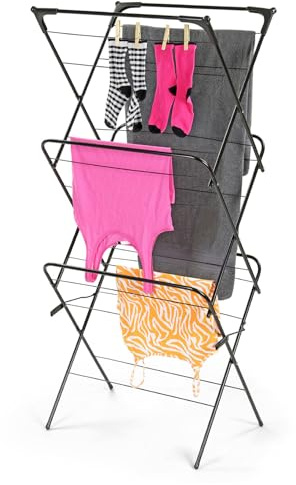 Taylor & Brown 3 Tier Deluxe Clothes Airer With 4 CORNER HANGER HOOKS Foldable Heavy Duty Dryer Laundry Drying Washing Line Horse Indoor Outdoor Towel Rack 15M Airing Capacity, Black