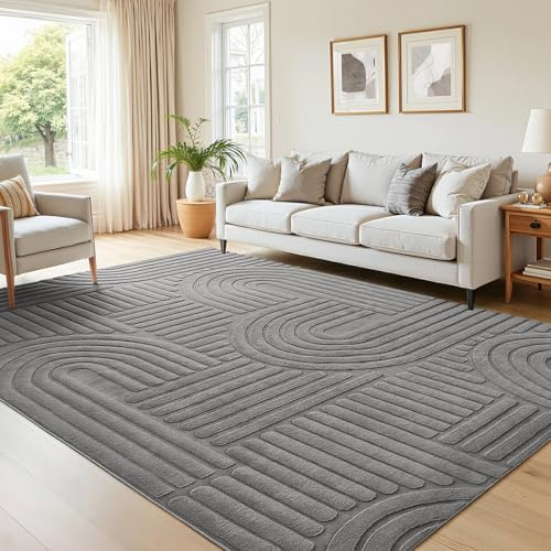 Topfinel Modern Wohnzimmer Teppich Grau 200x290 Wellen 3D-Effekt Waschbarer Kurzflor Groß Weich Flauschig Antirutsch Schlafzimmer Teppiche für Esszimmer Büro Einfarbig Teppich Felloptik Dauerhaft
