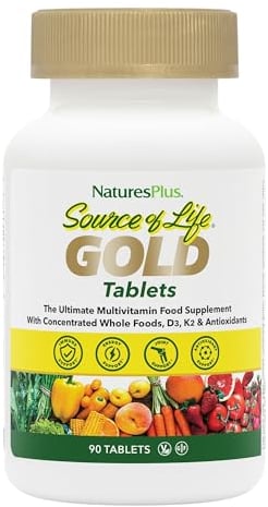 NaturesPlus Source of Life Gold Tablets - Plant Based Multivitamin and Mineral Supplement with Superfoods - Vegetarian, Gluten Free - 90 Tablets