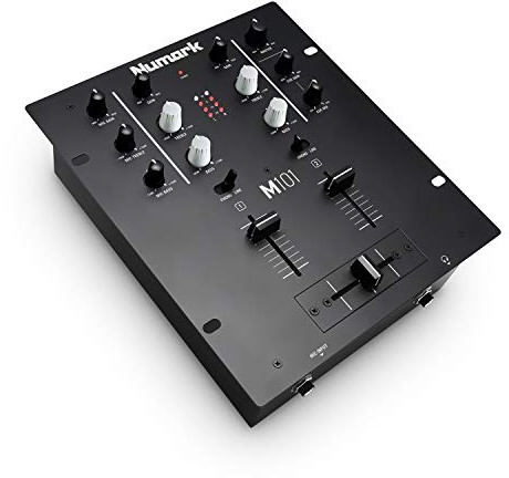 Numark M101 - Mezclador DJ de dos canales, montable en rack con ecualizador de 2 bandas, entrada de micrófono y crossfader reemplazable