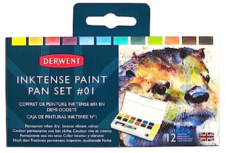 Derwent Inktense Paint 12 Pan Palette #1, Set of 12, Half Pan Size, Water-Soluble, Ideal for Painting & Crafts on Paper & Fabric, Professional Quality, Travel Size (2302636)
