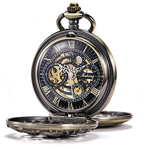 TREEWETO Unisex Taschenuhr mit Kette Analog Handaufzug Doppelscharnier Antik Drache Skelett Bronze