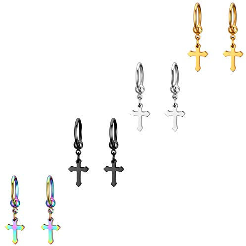 JewelryWe Schmuck 4 Paar Kreuz Ohrringe, Klassische Edelstahl Creolen Ohrstecker Ohrhänger mit Kruzifix Anhänger für Herren Damen, Silber Gold Schwarz Farbig