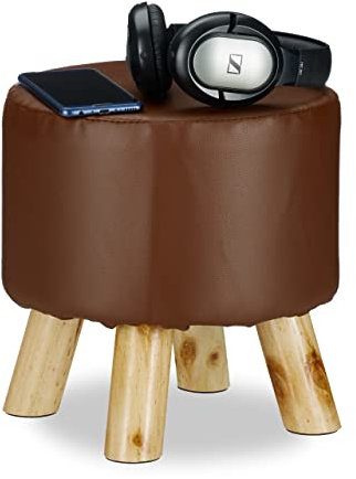 Relaxdays Hocker Kunstleder, gepolstert, 4 Holzbeine, Flacher Fußhocker, runder Dekohocker, H x D: 30 x 30 cm, braun