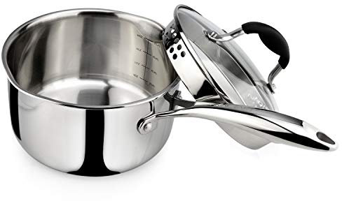 AVACRAFT Tri-Ply Stainless Steel Saucepan with Glass Strainer Lid, Two Side Spouts, Ergonomic Handle, Multipurpose Sauce Pan with Lid, Sauce Pot, Cooking Pot (Tri-Ply Full Body, 2.5 Quart)
