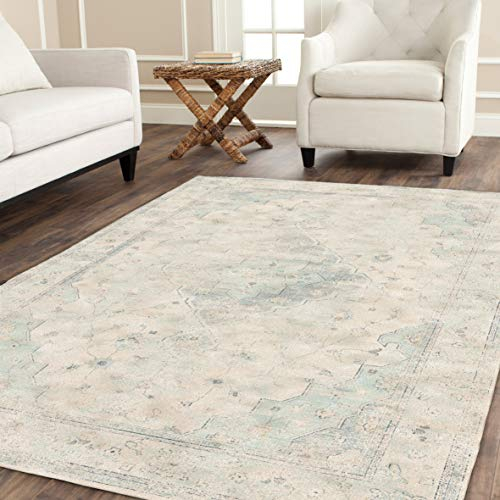 SAFAVIEH Traditionell Teppich für Wohnzimmer, Esszimmer, Schlafzimmer - Vintage Collection, Kurzer Flor, Hellblau und Creme, 99 X 140 cm