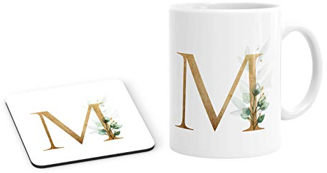 Personalised Initial M Any Letter Gold Effect Floral Leaf Mug and Coaster Set Coffee Tea Cup