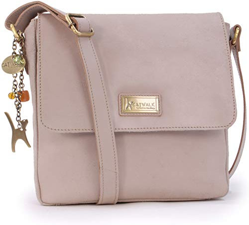 Catwalk Collection Handbags - Damen Antik - Leder Umhängetasche - Messenger Bag Mittelgroß - Arbeitstasche für Notizbuch A5 - Sabine - Latté/Beige