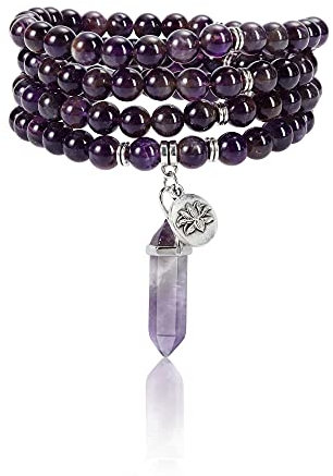 Jovivi 108 Mala Beads Bracelet 8mm Natural Amethyst Rose Quartz Healing Crystal Stone Mala Prayer Bead Necklace Hexagonal Prism Gemstone Reiki Pointed Pendant for Yoga Meditation Energy Balancing, One