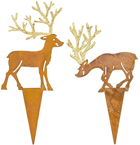 B2S BACK2SEASON 2 x Metall Stecker Hirsch mit goldenem Glitzer-Geweih Edelrost Topfdeko zum stecken 2er-Set